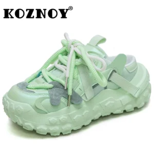 Koznoy 5,5 cm neue Air Mesh Echt leder Slipper Plattform Wohnungen bequeme klobige Turnschuhe Sommer hohle Frauen Sandalen Loafer Schuhe