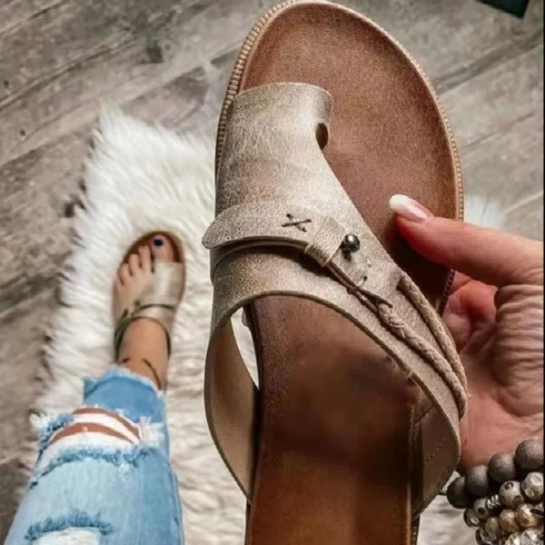 2024 Sandalen für Damen, orthopädische Hausschuhe zur Korrektur von Ballenzehen, Leder-Ringzehen-Sandale, bequeme Plattform, flache Damenschuhe, Übergrößen 43 5