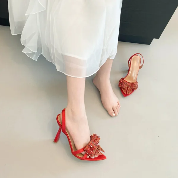 Sexy Mode Spitz Strass Bogen Feine Ferse Frauen Sommer Hochhackige Sandalen Bankett Kleid Schuhe 5