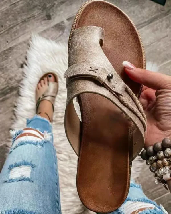 2024 Sandalen für Damen, orthopädische Hausschuhe zur Korrektur von Ballenzehen, Leder-Ringzehen-Sandale, bequeme Plattform, flache Damenschuhe, Übergrößen 43 2