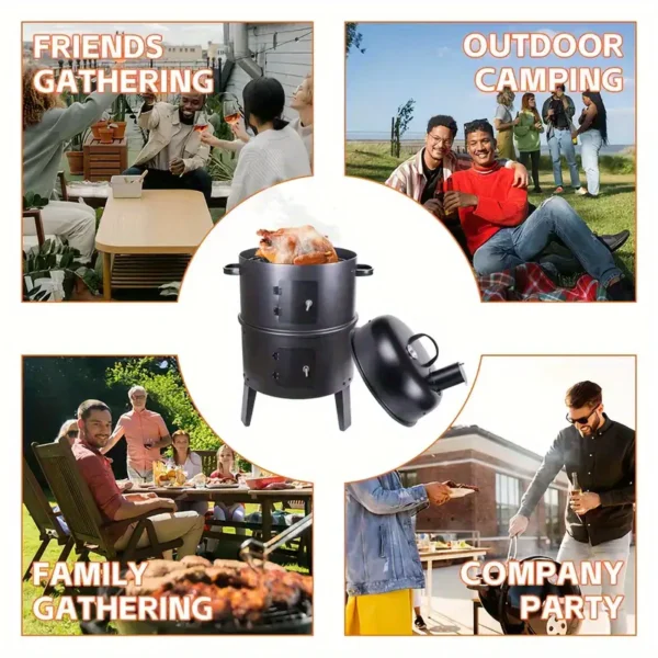 3-in-1 BBQ Smoker Grill mit Kamin Multifunktions-abnehmbarer Outdoor-Kochofen mit Thermometer Camping Outdoor Party Grill 6