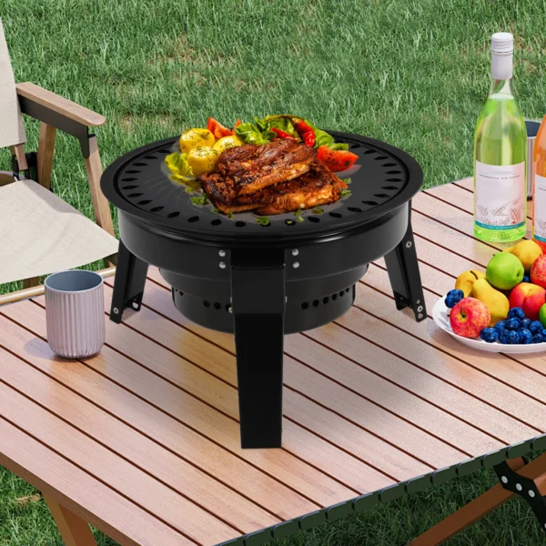 Tragbarer, zusammenklappbarer dreibeiniger Holzkohlegrill mit Grillnetz, Holzkohlenetz, Bratpfanne, Aufbewahrungstasche für Outdoor-Camping, Grillen 2