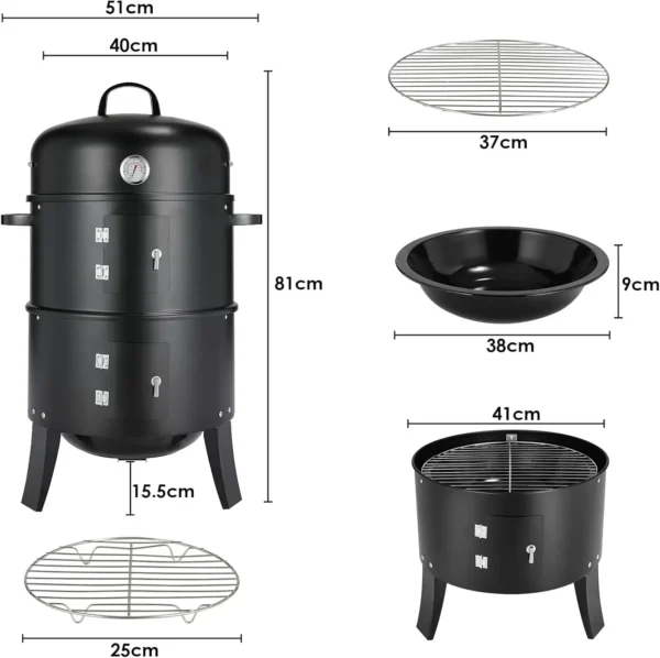 Holzkohlegrill, Räuchergrill, 3-in-1 tragbarer vertikaler Grillkocher mit integrierten Thermometern und einstellbaren Entlüftungssystemen für den Außenbereich 4