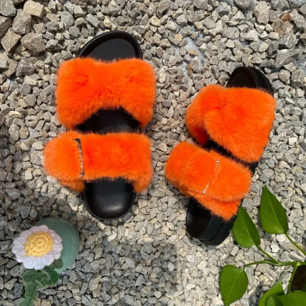 Damen-Sandalen, Sommer 2025, Hausschuhe, weiche Hausschuhe aus Kunstnerzfell, Schleife, flache Slides, rutschfeste Designer-Schuhe, Damen-Flip-Flops 4