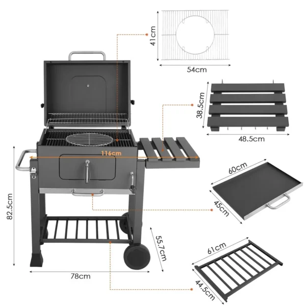 Grillwagen, Holzkohlegrill XXL, 116x55,7x100 cm, BBQ Grill mit Öffner, Ausziehbarem Aschenbecher, Ablagen mit Haken&verstellbarem Kohleblech, 3 Grillrost,2 Räder für einfache Mobilität 3