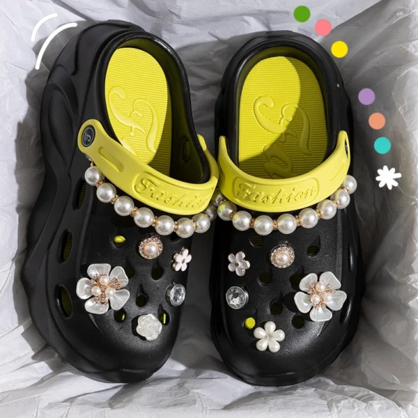 Perlenkette, klobige Plateau-Sandalen für Damen, 2024, Sommer, dicke Sohle, Strandsandalen, Damen, Blumen, rutschfeste EVA-Clogs, Gartenschuhe 6