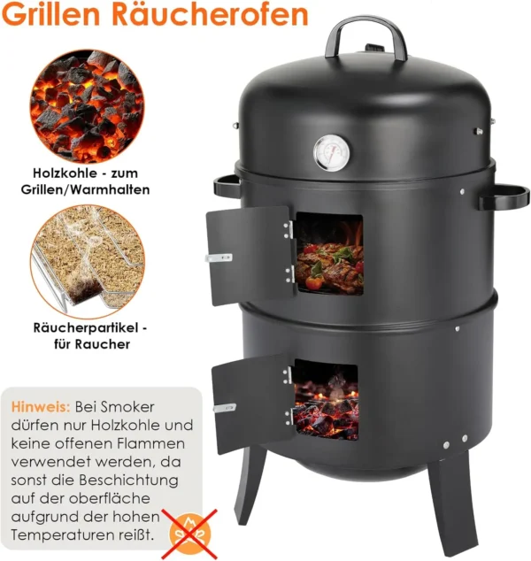 Holzkohlegrill, Räuchergrill, 3-in-1 tragbarer vertikaler Grillkocher mit integrierten Thermometern und einstellbaren Entlüftungssystemen für den Außenbereich 6