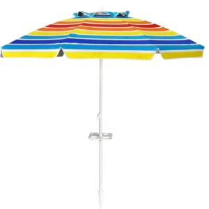 200 cm Sonnenschirm Strand, mit Getränkehalter, Gartenschirm, winddicht, UPF 50+, 30 °   Biegsamer, Sonnenschutz mit Erdspieß