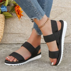 Damenmode-Trend, rutschfest, bequem, passende Farbsohle, reine schwarze Schnürsenkel, flache Sandalen