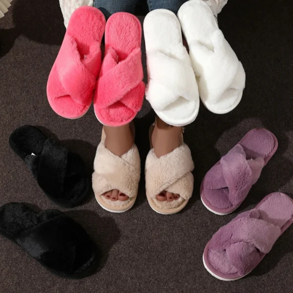 Kreuz Warme Flauschige Pelzigen Hausschuhe Frauen Leichte Flache Heels Pelz Rutschen Frau Herbst Winter Offene spitze Nicht Slip Hause Boden Schuhe 2