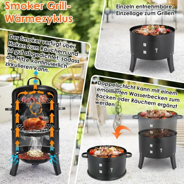 Holzkohlegrill, Räuchergrill, 3-in-1 tragbarer vertikaler Grillkocher mit integrierten Thermometern und einstellbaren Entlüftungssystemen für den Außenbereich 2