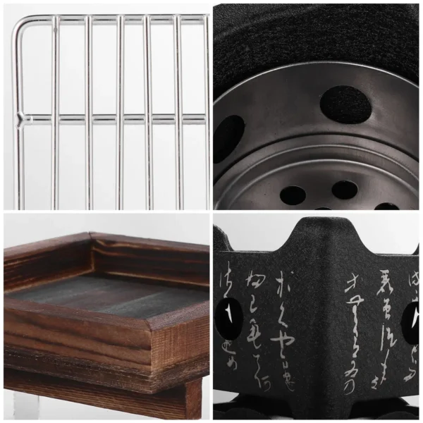 Japanisches Grillregal mit Holzsockel, rutschfest, rutschfest, Holzkohlegrills, Hibachi, runder Tischplatte, Metallgrill, für Zuhause, Braten, Herd 2