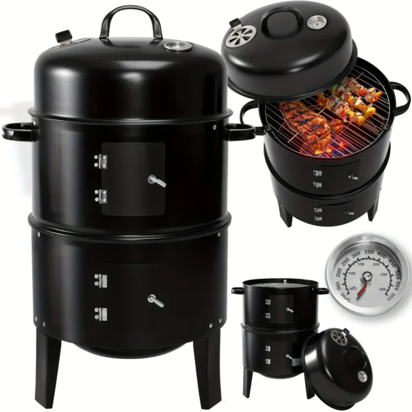 3-in-1 BBQ Smoker Grill mit Kamin Multifunktions-abnehmbarer Outdoor-Kochofen mit Thermometer Camping Outdoor Party Grill