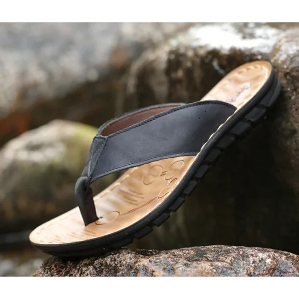 Sommer Schuhe Männer Hausschuhe Echtes Leder Herren Flip-Flops Flache Herren Sandalen Urlaub Nicht-slip Schwarz Khaki A673 6