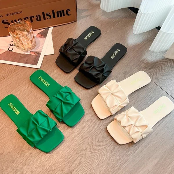 Sommer Hausschuhe Für Frauen Flip-Flops Wohnungen 2024 Neue Plissee Koreanische Hausschuhe Frauen Sandalen Grün Slip Auf Schuhe Große Größe 35-42 4