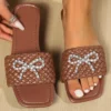 Frauen Luxus Perle Bogen Dekor Weben Rutsche Sandalen Mode Urlaub Party Sexy Elegante Büro-Damen Casual Open-toe flache Hausschuhe 6