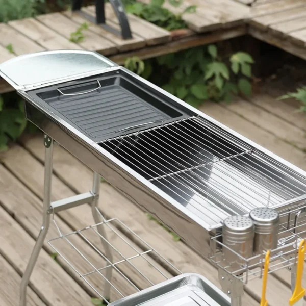 Holzkohlegrill aus Edelstahl für den Außenbereich, großes Grillwerkzeug, tragbar, mit kostenloser Installation, Griff, zusammenklappbar, zum Kochen 4
