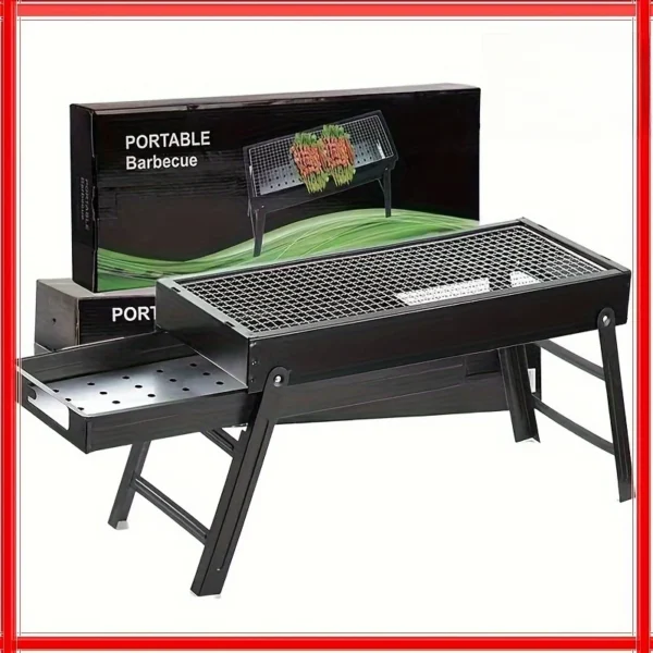 Tragbarer, zusammenklappbarer BBQ-Grill, geeignet mit Schubladen für Holzkohle, gegrilltes Fleisch, Outdoor-Koch, Grillzubehör, Kochgeschirr, Grillwerkzeug 5