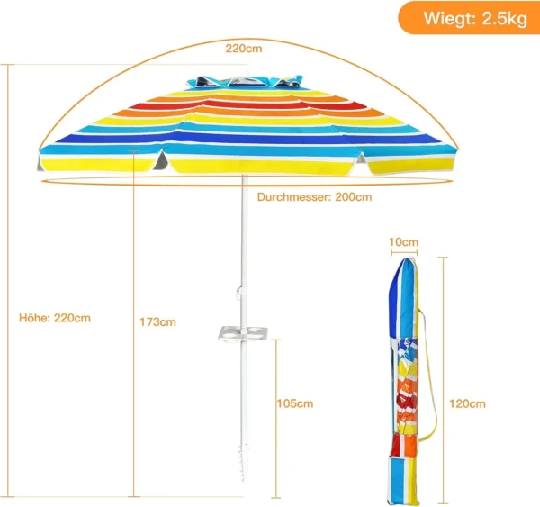 200 cm Sonnenschirm Strand, mit Getränkehalter, Gartenschirm, winddicht, UPF 50+, 30 °   Biegsamer, Sonnenschutz mit Erdspieß 5