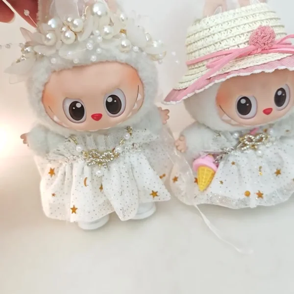 Labubu Kleidung für 15–17 cm Mini-Plüschpuppe, Prinzessin-Gaze-Kleid, glitzernder Sternrock, Halskette, Kopfbedeckung, Strohhut, 3 Stück/Packung, Geschenk 2