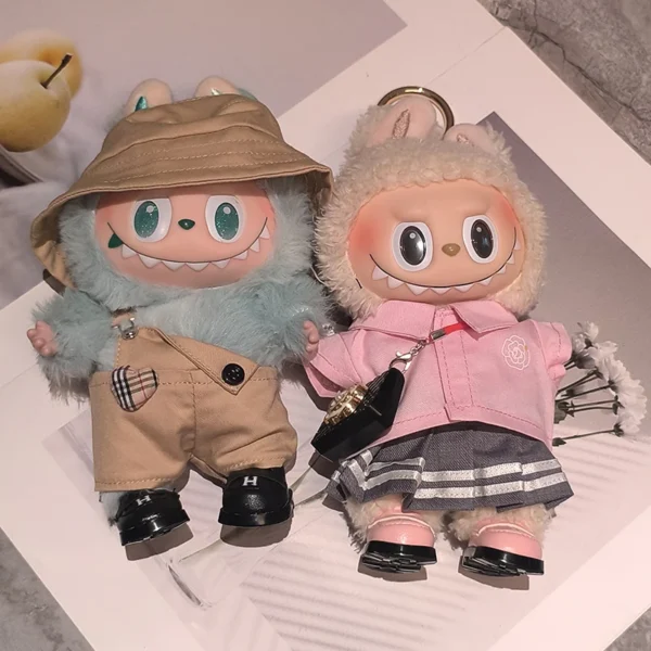 17 cm Labubu süßes Hemd Faltenrock Set Khaki modisches Overall-Set individuelle Lederschuhe Umhängetasche Labubu Exquisiter Clot 5