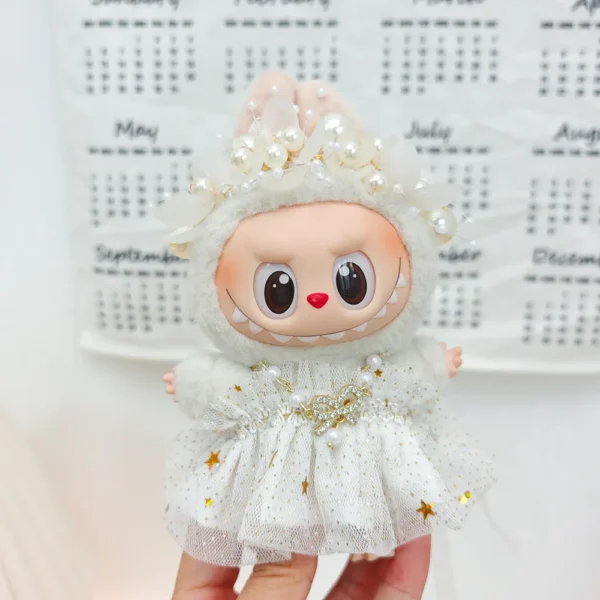 Labubu Kleidung für 15–17 cm Mini-Plüschpuppe, Prinzessin-Gaze-Kleid, glitzernder Sternrock, Halskette, Kopfbedeckung, Strohhut, 3 Stück/Packung, Geschenk 5