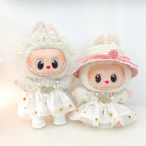 Labubu Kleidung für 15–17 cm Mini-Plüschpuppe, Prinzessin-Gaze-Kleid, glitzernder Sternrock, Halskette, Kopfbedeckung, Strohhut, 3 Stück/Packung, Geschenk