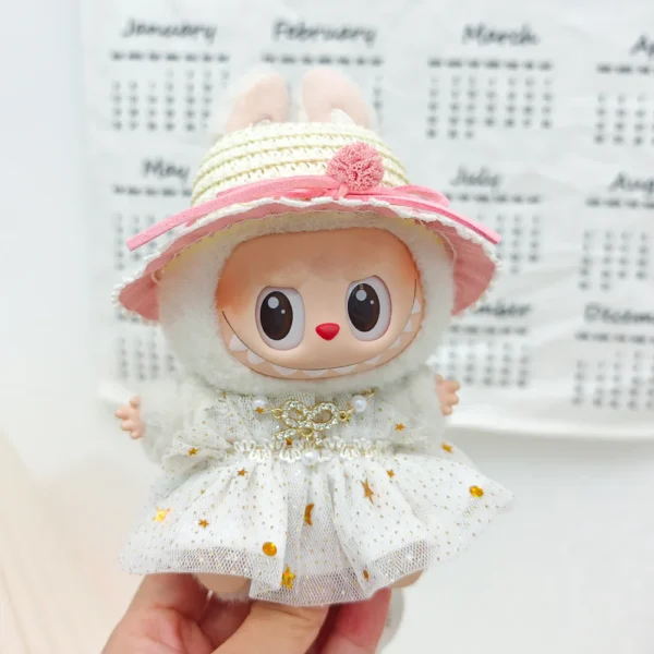 Labubu Kleidung für 15–17 cm Mini-Plüschpuppe, Prinzessin-Gaze-Kleid, glitzernder Sternrock, Halskette, Kopfbedeckung, Strohhut, 3 Stück/Packung, Geschenk 6