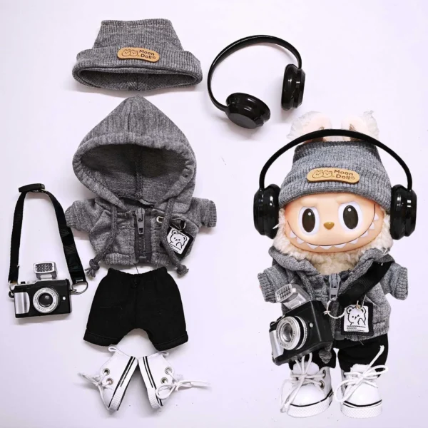 15 cm/17 cm Labubu Universal Hoodie Set Grau Trendiges Outfit mit Kamera Brille Kopfhörer & Canvas Schuhe Serie 1-3 kompatibel 5