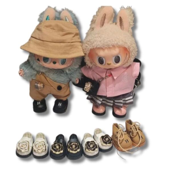 Labubu Outfit-Set „Khaki & Leder“ – Hemd, Rock, Schuhe & Tasche (17 cm)