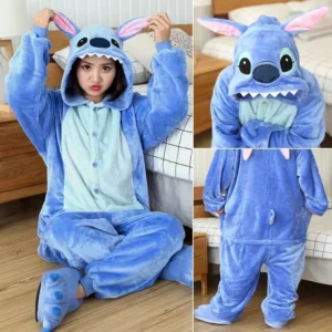Disney Stitch Winter Erwachsenen Overall Herren und Damen Nachtwäsche Set integrierte Halloween Weihnachten Kapuze Anime Overall