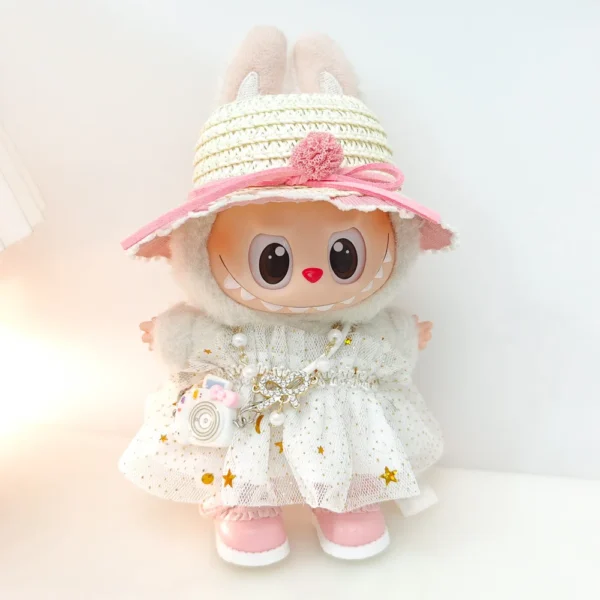 Labubu Kleidung für 15–17 cm Mini-Plüschpuppe, Prinzessin-Gaze-Kleid, glitzernder Sternrock, Halskette, Kopfbedeckung, Strohhut, 3 Stück/Packung, Geschenk 4