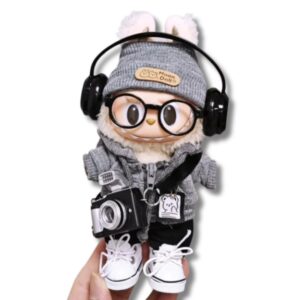 Universal Hoodie-Set (Grau) für Labubu – Mit Kamera, Brille & Schuhen