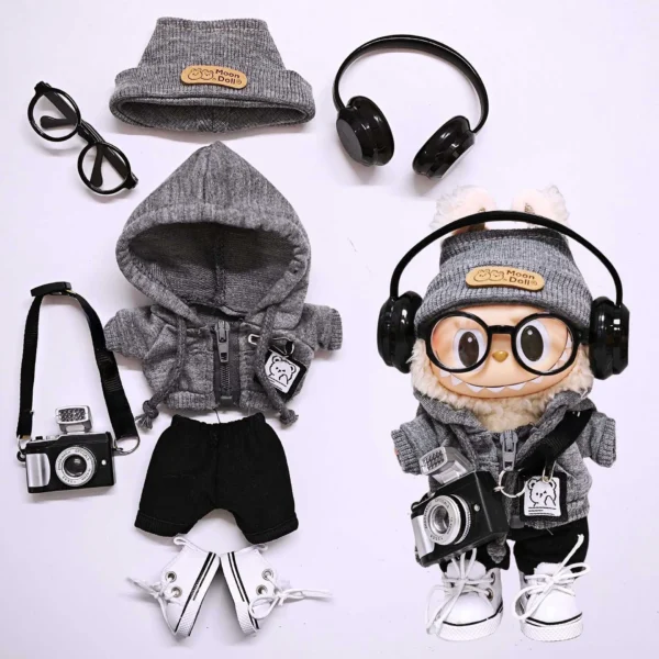 15 cm/17 cm Labubu Universal Hoodie Set Grau Trendiges Outfit mit Kamera Brille Kopfhörer & Canvas Schuhe Serie 1-3 kompatibel 4