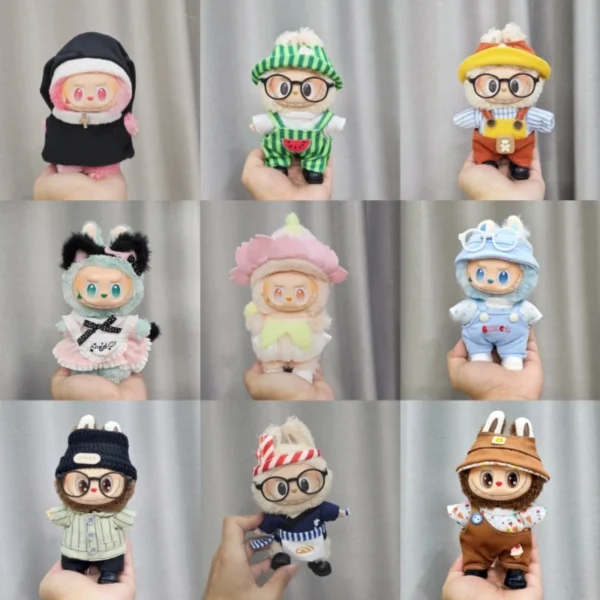 Für Labubu-Kleidung, sitzende Party, Kinderkleidung, Puppe, Vinyl-Kleidung, Fischerhut, Overalls und Hosen, süß und modisch