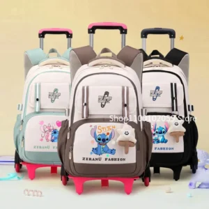 Disney Lilo Stitch Schulrucksack mit Rollen, Rollrucksack für Mädchen, Studentenrucksack mit Rollen, Trolley, Schultasche, Reisen