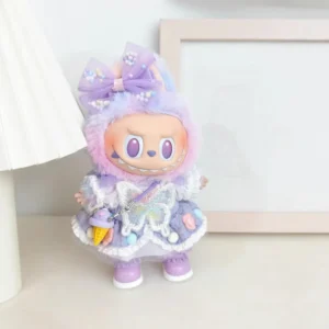 Für 15/17 cm Labubu Vinyl Plüsch Puppe Kleidung Labubu Anhänger Glück Lila Schleife Kleid Labubu V1/V2/V3 Kleidung Zubehör