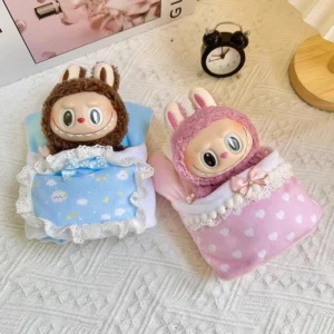 15/17 cm Labubu-Bettwäsche, dreiteiliges Set, Mini-Bett-Schlafsack, Kissen und Steppdecke, Zubehör, süßer Labubu-Hamburger-Schlafsack, Deko