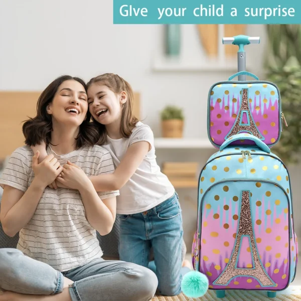 3-teiliger Rollrucksack für Mädchen und Kinder, Schulrucksack mit Rollen, mit Mittagessen und Stifttasche, Eisenturm, rosa, im Dunkeln leuchtende Funktion 5