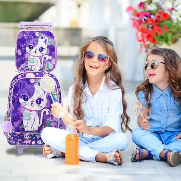 Rollrucksack Mädchen 3-teilig mit Lunchbox & Federmäppchen, Pailletten, leuchtend 4
