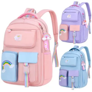 Kinderrucksäcke für Macaron Color Mädchen, Schulbüchertasche für Teenager, niedliche Schultasche mit mehreren Beuteln und Regenbogen-Anhänger