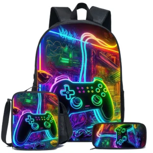 Spielkonsolen-Rucksack mit bedrucktem Muster, coole dreiteilige Schultasche für Jungen