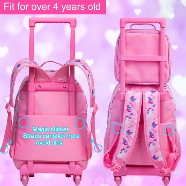 3-teiliger Rollrucksack für Mädchen und Kinder, Schulrucksack mit Rollen, mit Mittagessen- und Stifttasche, rosa Schmetterling, im Dunkeln leuchtende Funktion 2