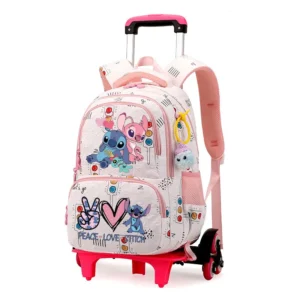 2025 Kawaii Lilo Stitch 2-in-1-Trolley-Rucksack mit Rädern, großes Fassungsvermögen, wasserdichter Laptop, kann Treppenklettern, zurück zur Schultasche