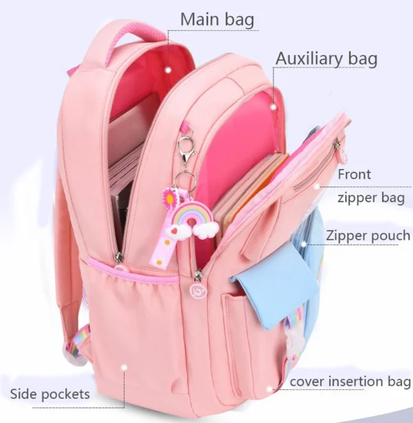 Kinderrucksäcke für Macaron Color Mädchen, Schulbüchertasche für Teenager, niedliche Schultasche mit mehreren Beuteln und Regenbogen-Anhänger 4