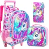 3-teiliger Einhorn-Rollrucksack für Mädchen, Schulrucksäcke für Kinder mit Rollen, Rollen-Büchertasche mit Lunchbox für die Grundschule