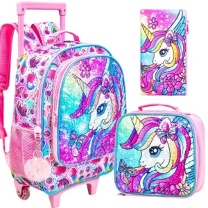 3-teiliger Einhorn-Rollrucksack für Mädchen, Schulrucksäcke für Kinder mit Rollen, Rollen-Büchertasche mit Lunchbox für die Grundschule