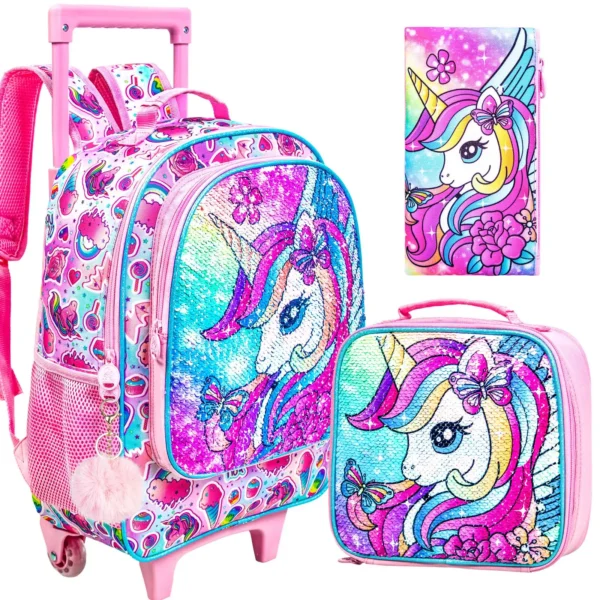 3-teiliger Einhorn-Rollrucksack für Mädchen, Schulrucksäcke für Kinder mit Rollen, Rollen-Büchertasche mit Lunchbox für die Grundschule