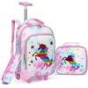 3-teiliger Rollrucksack für Kinder, Schul-Büchertasche mit Rollen, goldenes Einhorn-Muster-Design, im Dunkeln leuchtende Funktion mit Lunch-Stift-Tasche