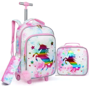 3-teiliger Rollrucksack für Kinder, Schul-Büchertasche mit Rollen, goldenes Einhorn-Muster-Design, im Dunkeln leuchtende Funktion mit Lunch-Stift-Tasche